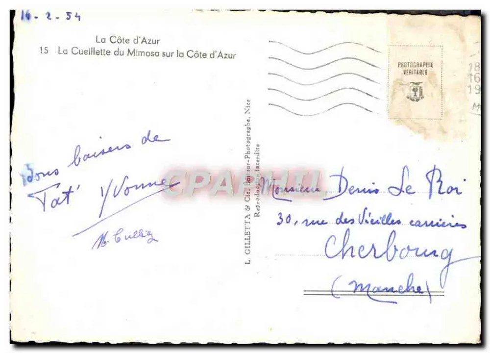 Deux jeunes femmes cueillant du mimosa — scène en extérieur — éditeur L. Gilletta & Cie, Nice, n°15 - Rückseite