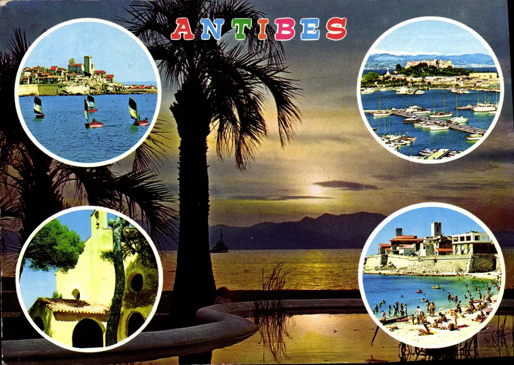 Antibes — vista panorâmica com palmeira e vignettes — Les Éditions Gilletta - Frente