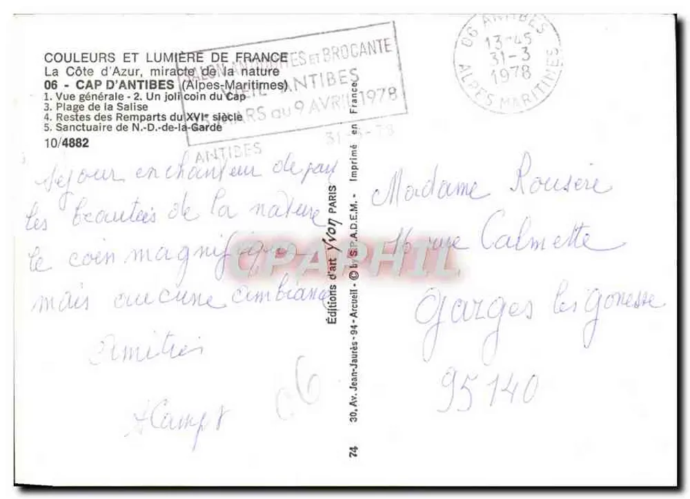 Cap d'Antibes — Vista geral, praia, muralhas, santuário — Éditions d'Art Yvon, n°10/4882 - Verso