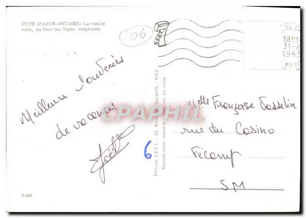 Côte d'Azur - Antibes — Blick auf das alte Viertel, im Hintergrund die schneebedeckten Alpen — Éditions S.E.P.T. - NICE - Rückseite