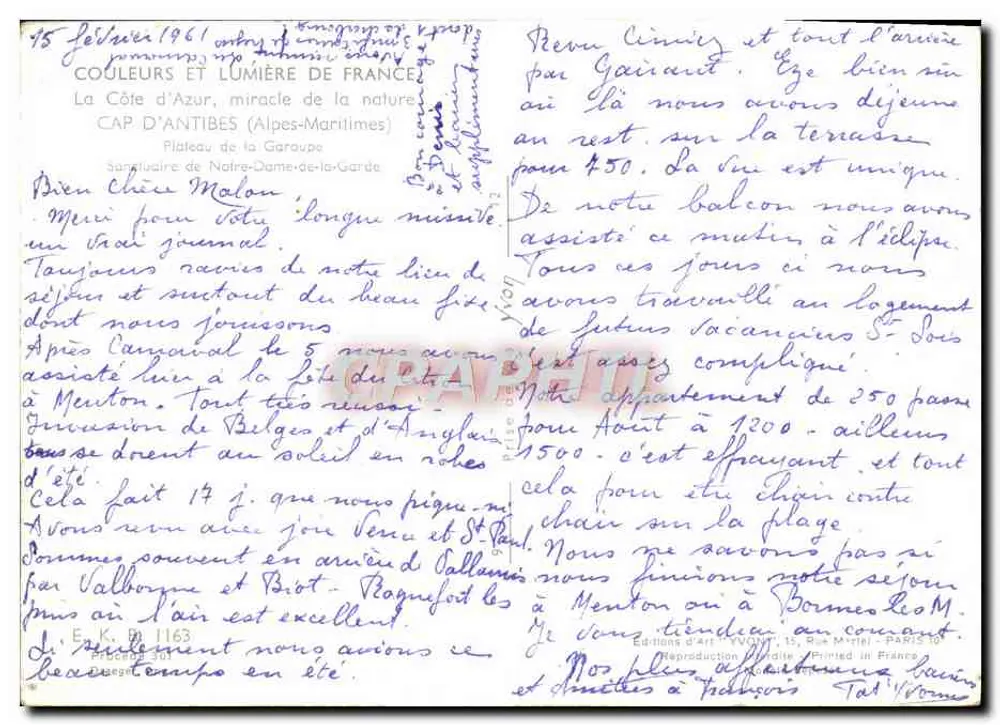 Santuário de Nossa Senhora da Guarda — Cabo de Antibes — Editor Juvon - Verso