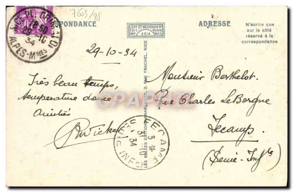 Beaulieu — O Boulevard Gordon-Benett — editor Levy e Neurdein, N° 48 - Verso