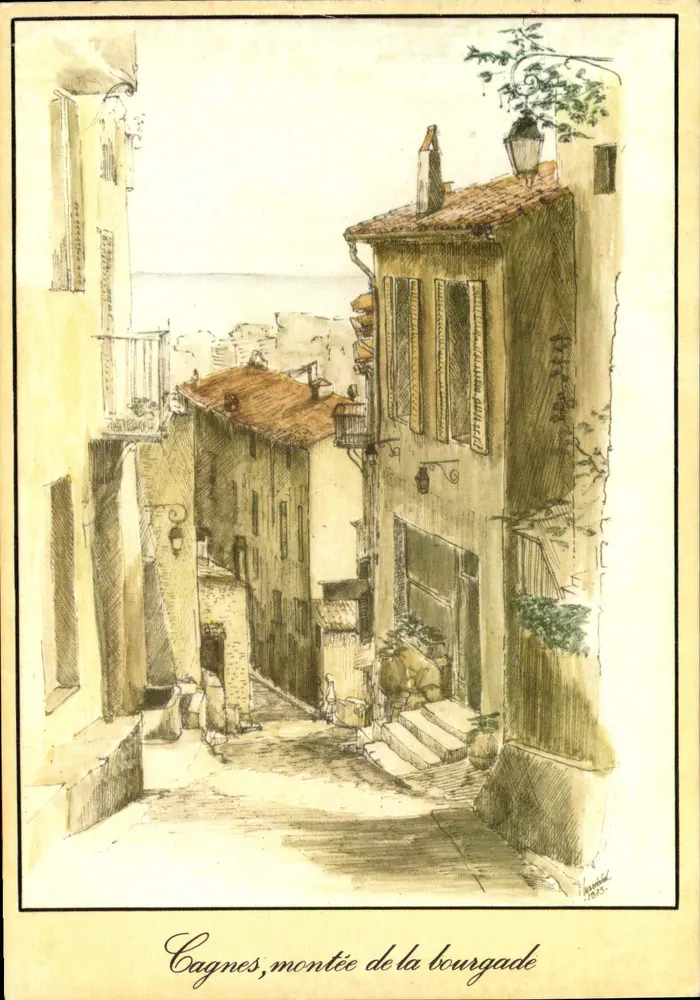 Cagnes-sur-Mer, montée de la bourgade — dessin d'après nature par M. Perreard, éditeur imprime en France, n° 137 - Front