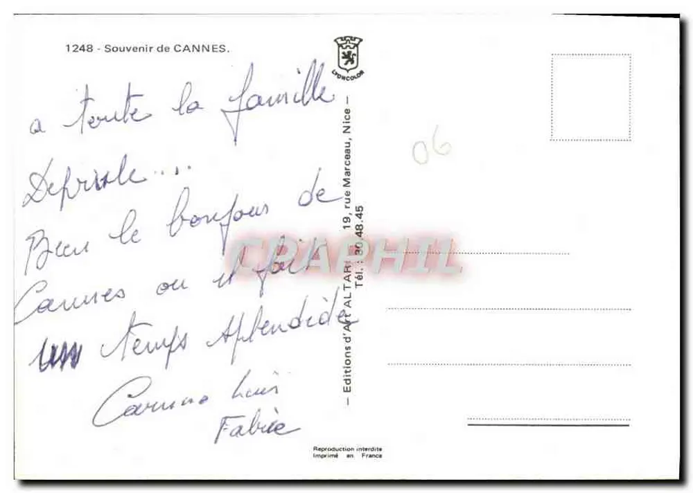 Cannes — Lembrete de CANNES — Edições de Arte AL TARI, Nice - Verso