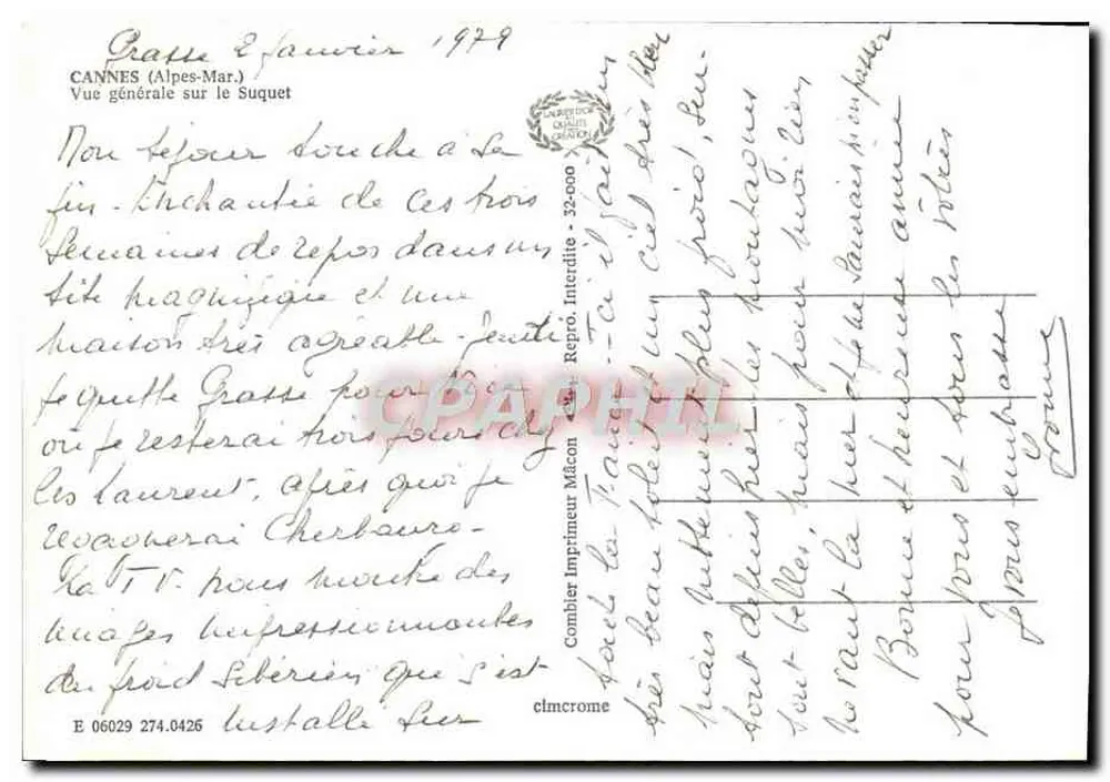 Cannes (Alpes-Maritimes) — Visão Geral do Suquet — Impressor Combier - Verso