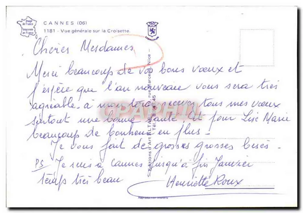 Cannes — Vista geral sobre a Croisette — Edições d'Art RLT, Nice - Verso