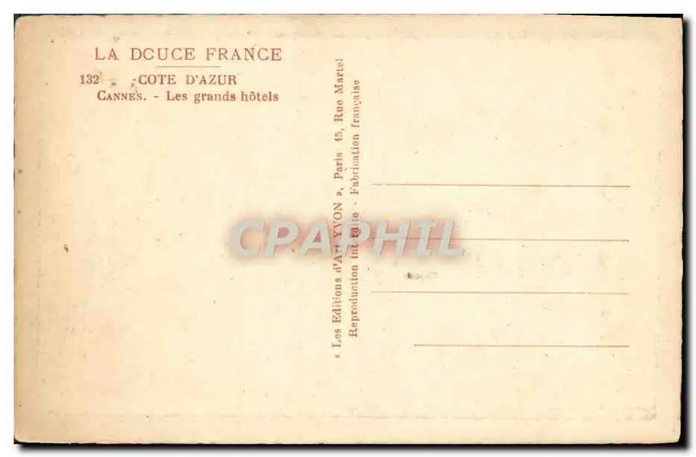 Cannes - Os grandes hotéis — Costa Azul — Éditions d'Art-Yvon, Paris - Verso