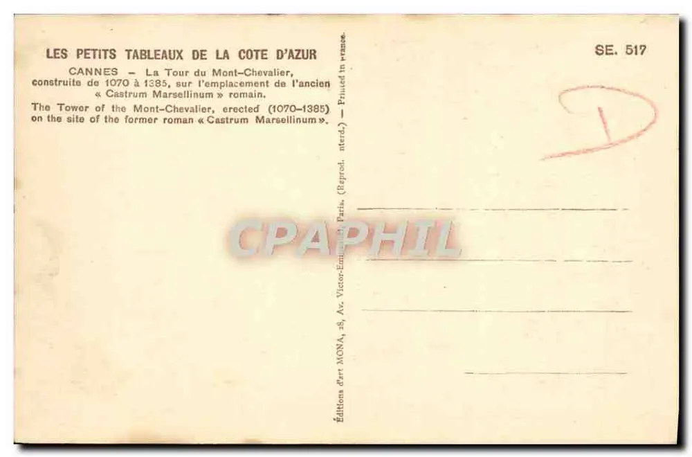 Cannes — La Tour du Mont-Chevalier — editor MONA, n° SE. 517 - Reverso