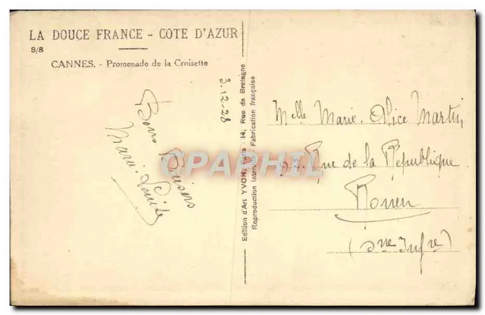 Cannes - Promenade de la Croisette — Edição de Arte YVON, n° S/8 - Verso