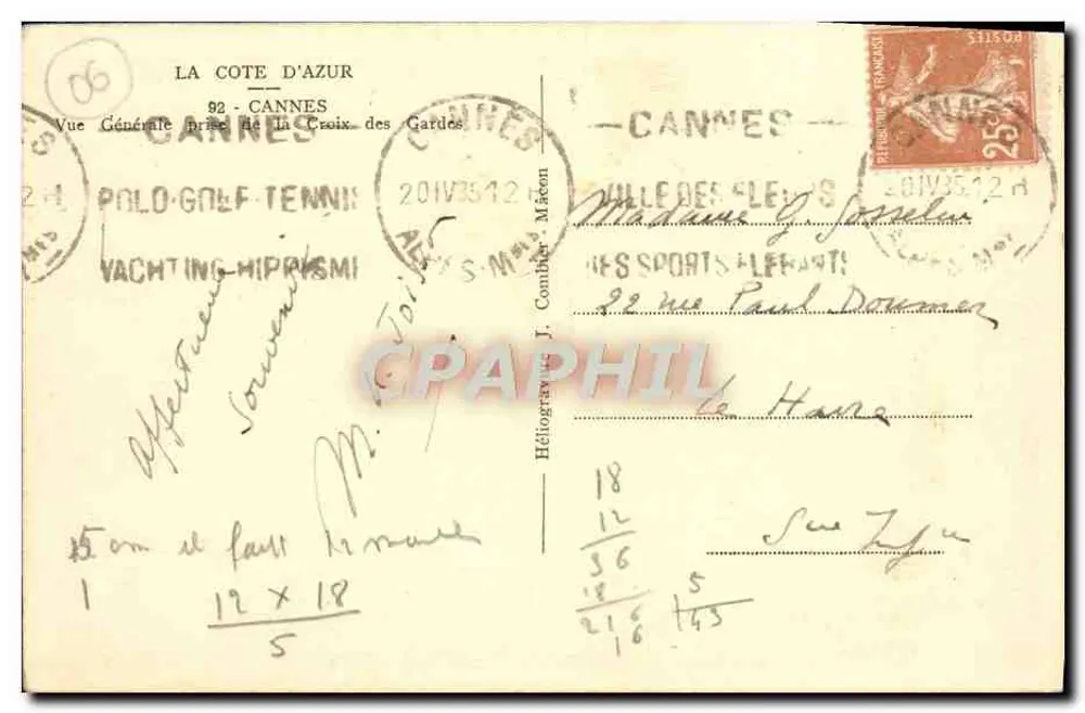 Allgemeiner Blick von La Croix-des-Gardes — Cannes — Verleger J. Combier, Nr. 18 - Rückseite