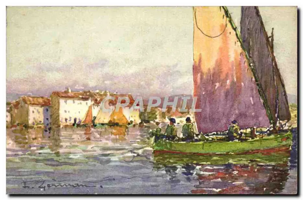 Golfe-Juan (França) — vista marítima com vela colorida — F. Zomman, N° 708 - Frente