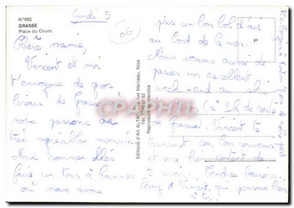 Grasse - Place du Cours — Éditions d'Art ALTARE, NICE, n°892 - Verso