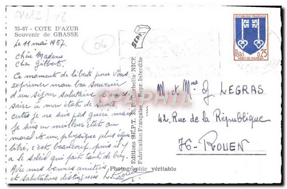 Grasse — Lembrete de Grasse — Edições S.E.P.T. 85, Paterbella - Verso