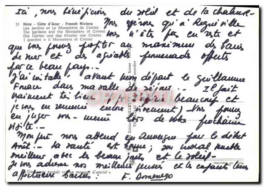 Die Gärten und das Kloster von Cimiez — Nice, Côte d'Azur — Éditions C.P.A.P.H.I.L. n°323-02 - Rückseite