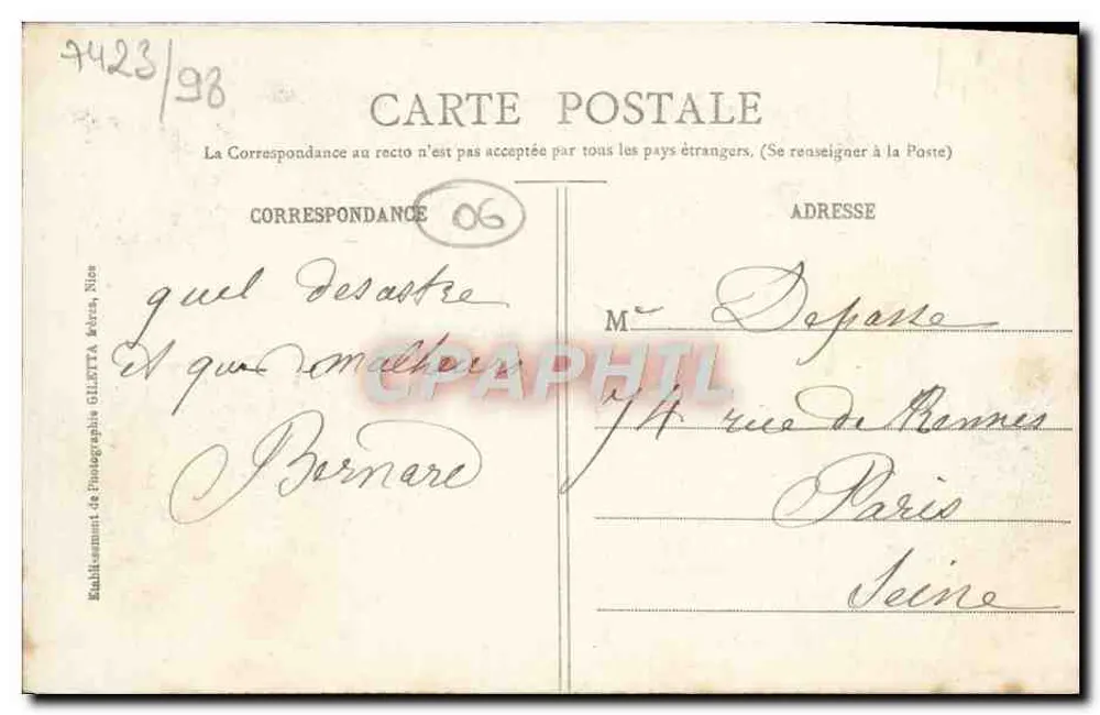 Oud klooster van Cimiez — Nice — Uitgave Giletta, fot., Nice, n°26 - Achterkant