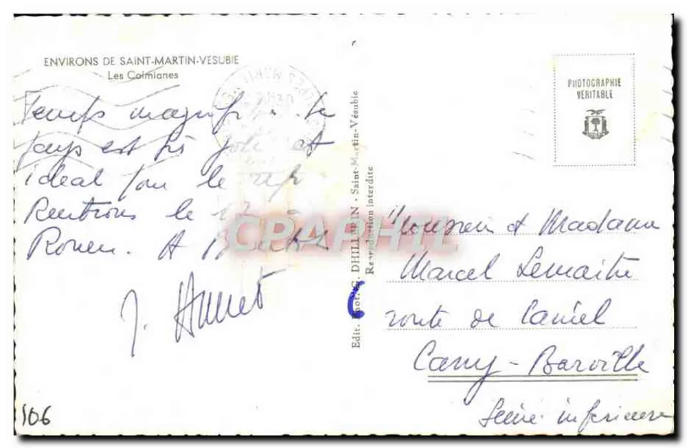 Vues magnifiques — paysage montagneux avec forêt de pins et sommets enneigés — Éditeur Dhillin, Saint-Martin-Vésubie, n°106 - Verso