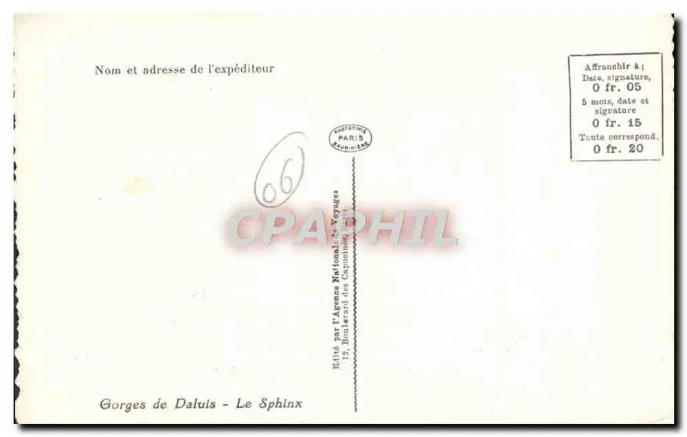 Gorges de Daluis — O Esfinge — Editado pela Agência Nacional dos Viagens - Verso