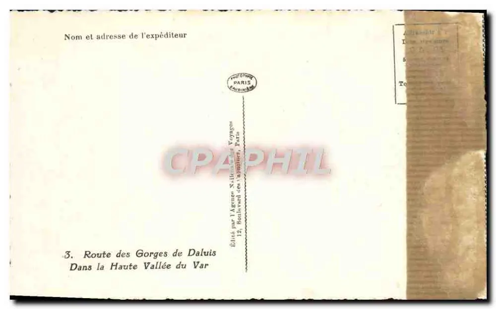 Route der Gorges de Daluis — In der oberen Talsohle des Var — Verlag der Agentur Nilland Vergeze, 12, boulevard des Italiens, Paris - Rückseite