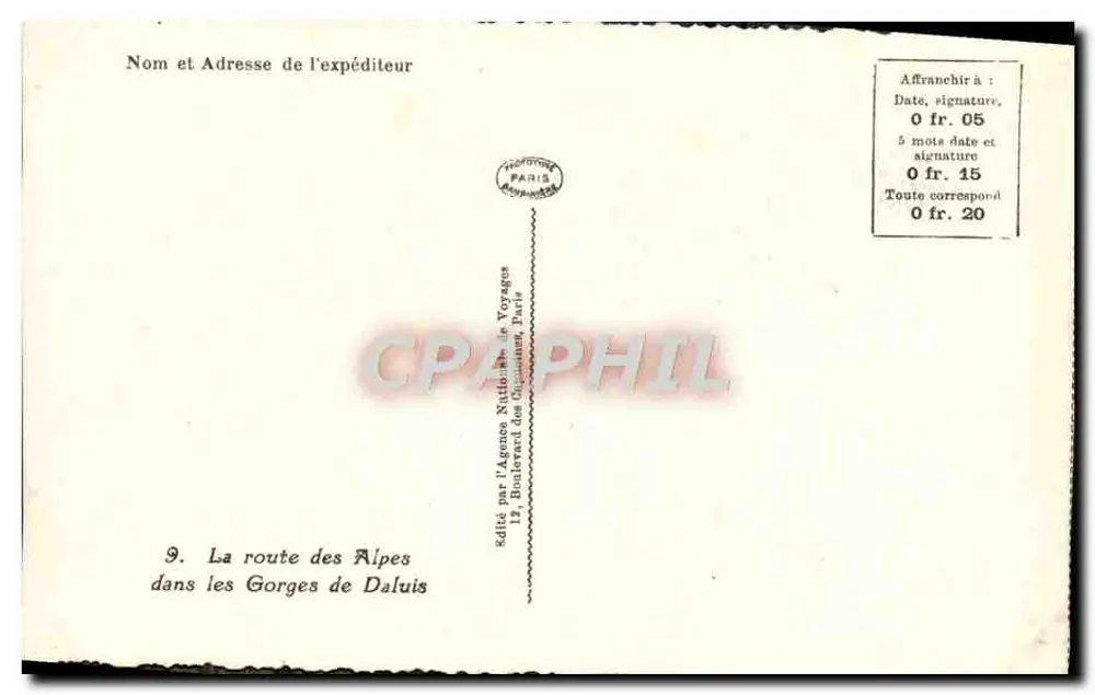 Die Gorges de Daluis — Brücke über den Fluss — Verlag der Nationalen Reiseagentur, Paris - Rückseite