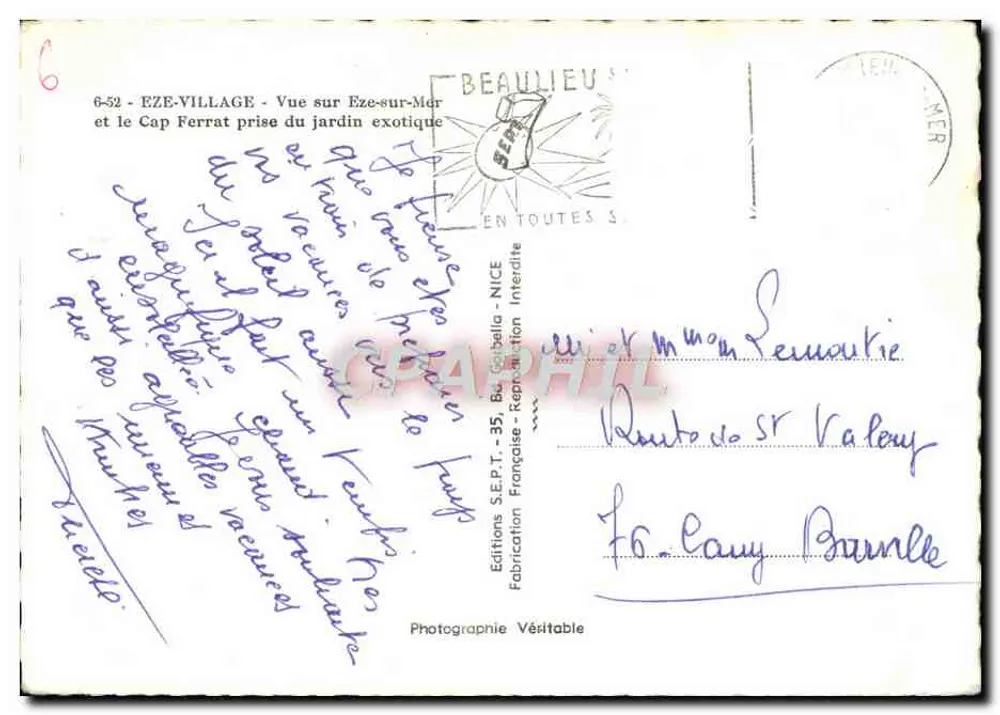 Eze-sur-Mer — Blick auf Eze-Village und Cap Ferrat vom exotischen Garten aus — Editions S.E.P.T. - NICE - Rückseite