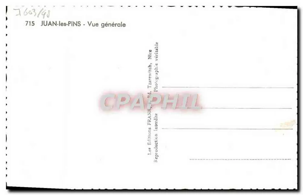 Juan-les-Pins — Vista generale — Edizioni Tzarzewitch, Nice, n° 715 - Verso