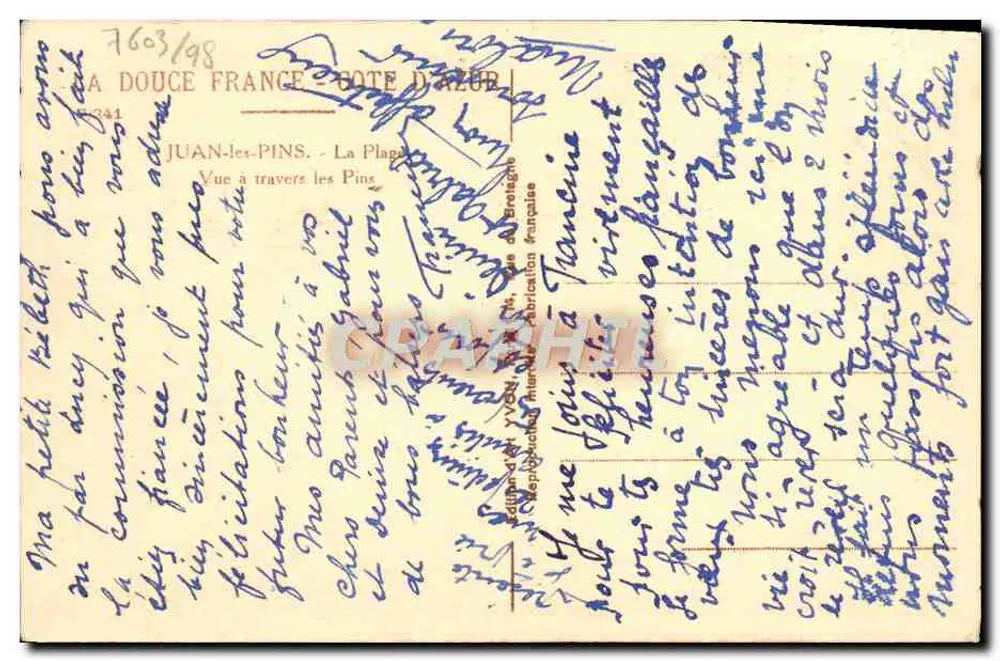 Juan-les-Pins — Vista através dos Pinheiros — editor Yvén, n°341 - Verso