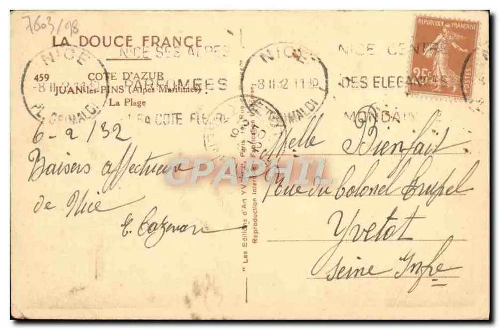 Praia de Juan-les-Pins — vista animada — Yvion, n° 1603/98 - Verso