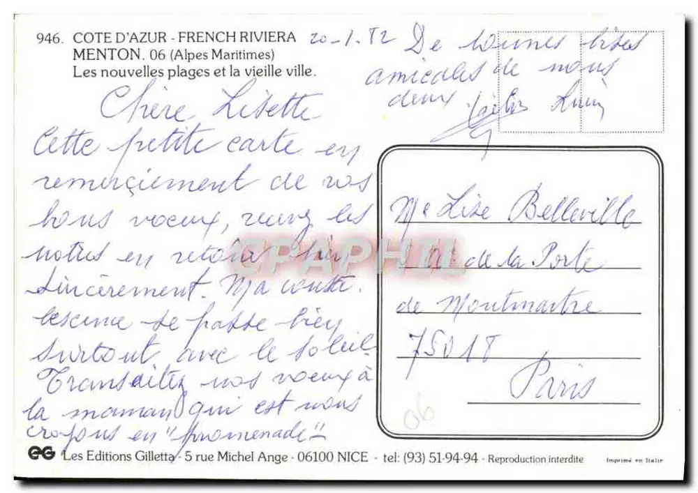 Menton — Ansicht der Strandpromenade und Altstadt — Les Editions Gilletta, Nr. 946 - Rückseite