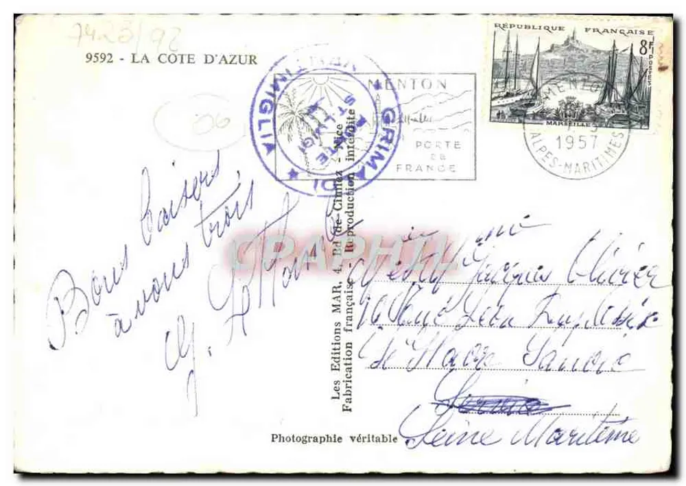 Menton - Uitzicht genomen vanaf de Grens — Les Éditions M.A.R. - n° 9592 - Achterkant