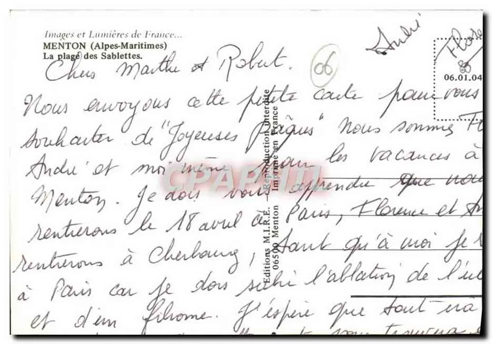 Menton — Praia das Sablettes — Éditions M.I.R.E. Menton - Verso