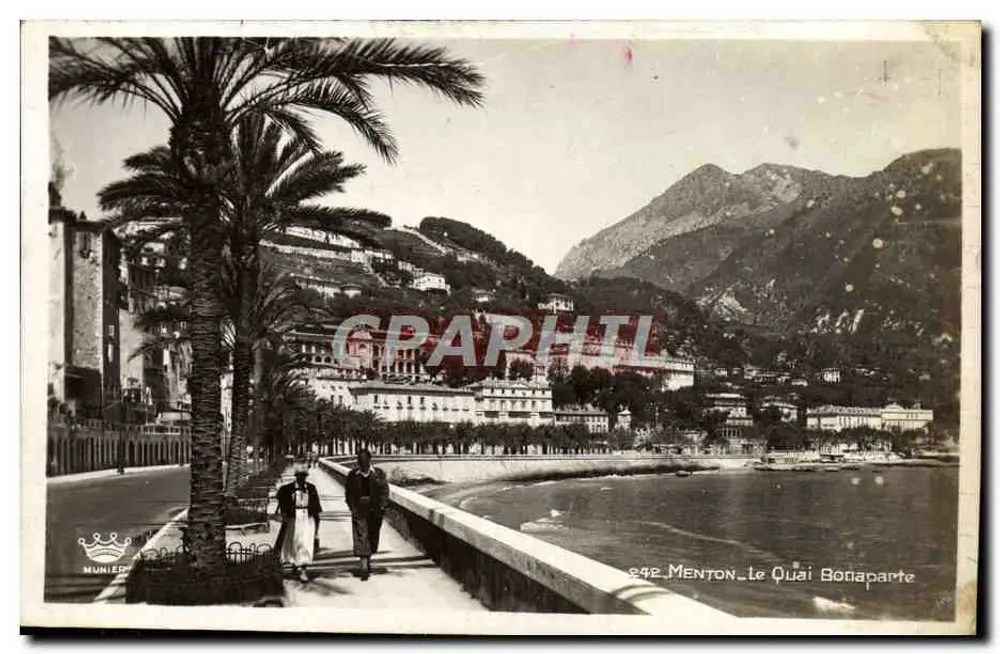 Menton - Le Quai Bonaparte — vista do porto e das montanhas — editor MUNIER n° 842 - Frente