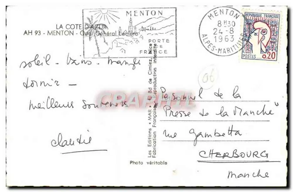 Vue de la Côte d'Azur — Menton — éditeur Les Editions « MAR » - Verso