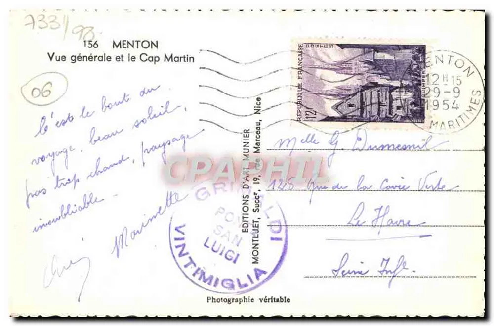 Menton — Vista geral e o Cabo Martin — Éditions d'Art Munier, n°156 - Verso