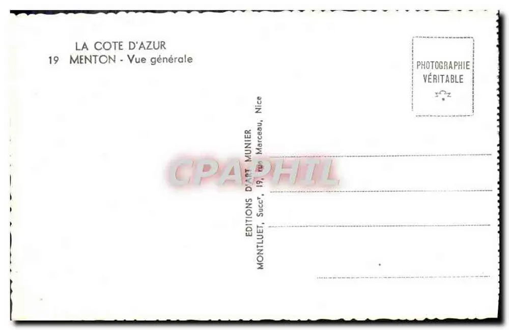 Menton — Vista Geral — Éditions d'Art Munier, n°19 - Verso