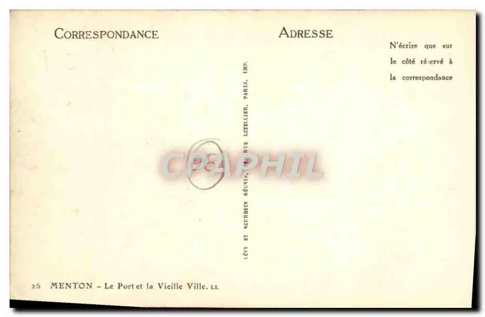 Menton — Der Hafen und die Altstadt — Verlag Lévy et Neurbein Réunis, Paris - Rückseite