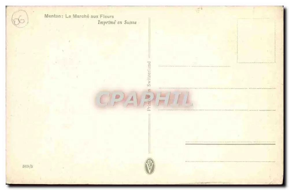 Menton: A Feira das Flores — Impresso na Suíça — editor G. Duret, n° 869/B - Verso