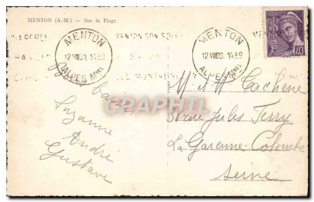 Menton — Na Praia — editor Cay - Verso