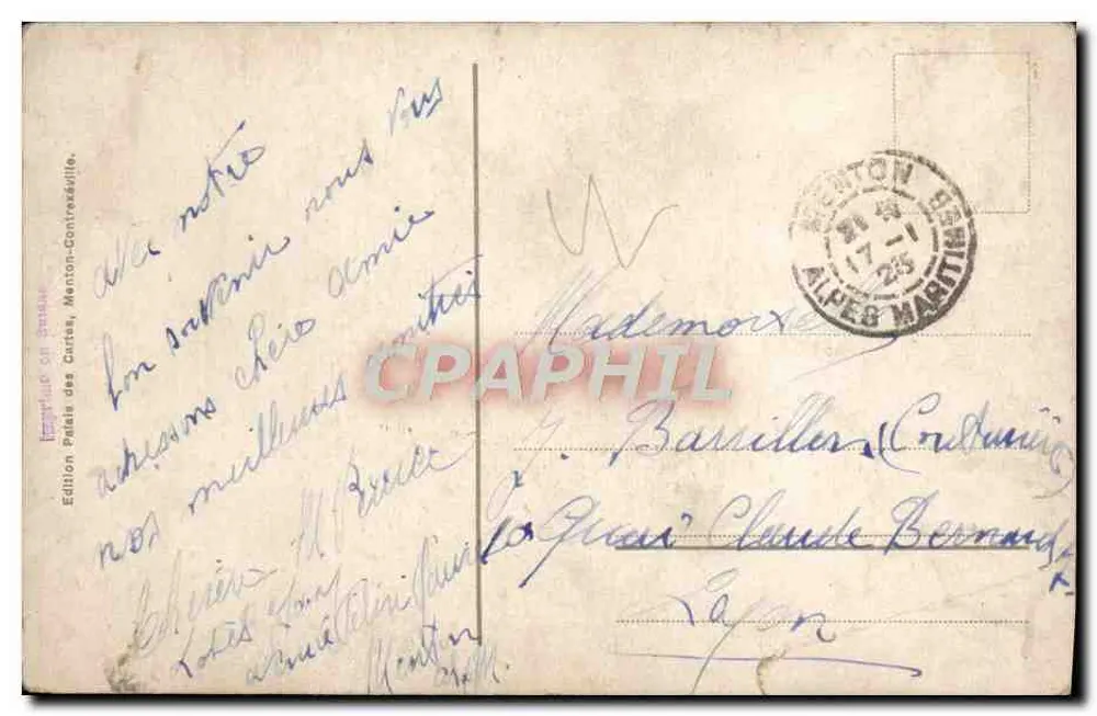 Menton — Les Rochers du Cap Martin durch einen Sturm. — Édition Palais des Cartes, Menton-Contrexéville, n° 109. - Rückseite
