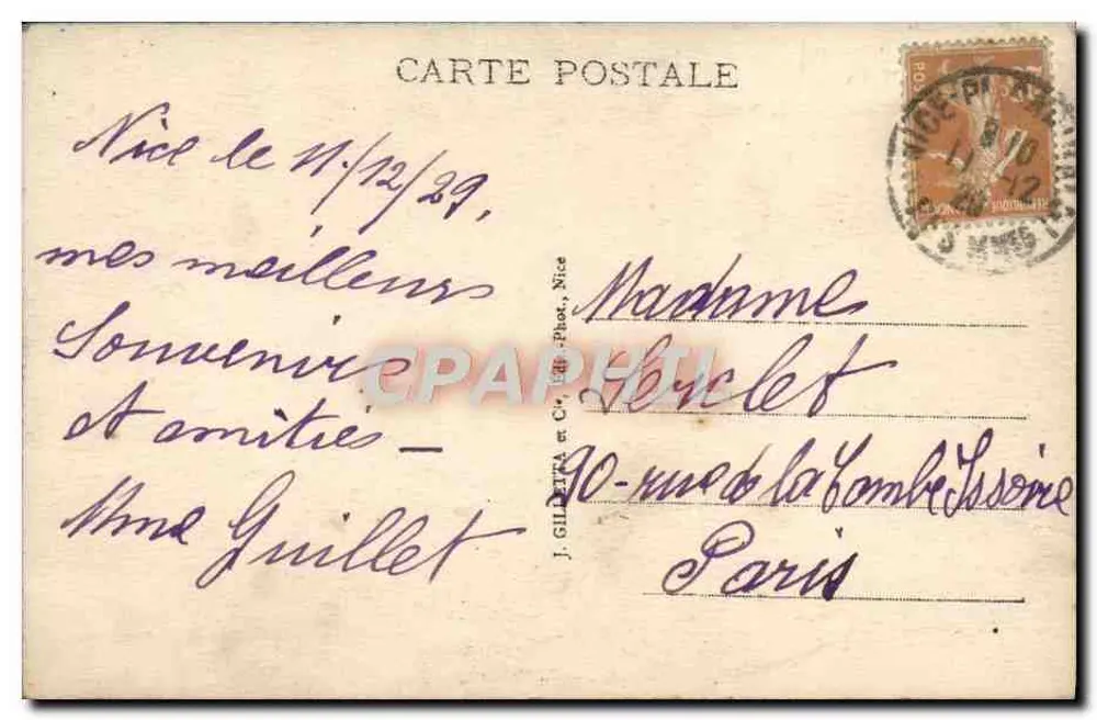 Menton - Ponte e Ravin St-Louis (Fronteira) — Editor Gillette, n° 918 - Verso