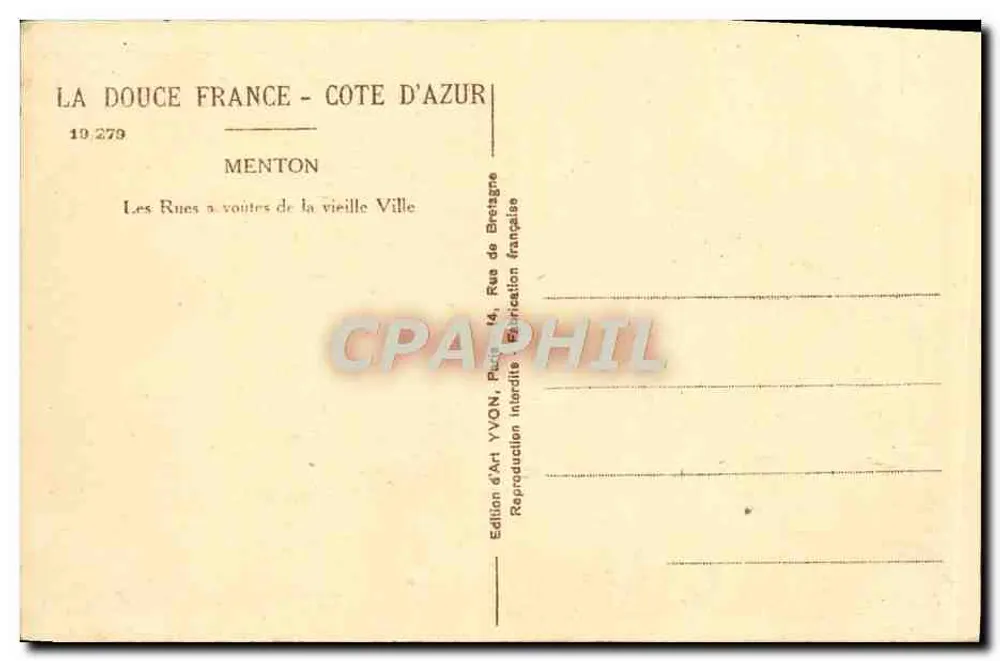Menton - Die gewölbten Straßen der Altstadt — Edition d'Art YVON, Paris - Rückseite
