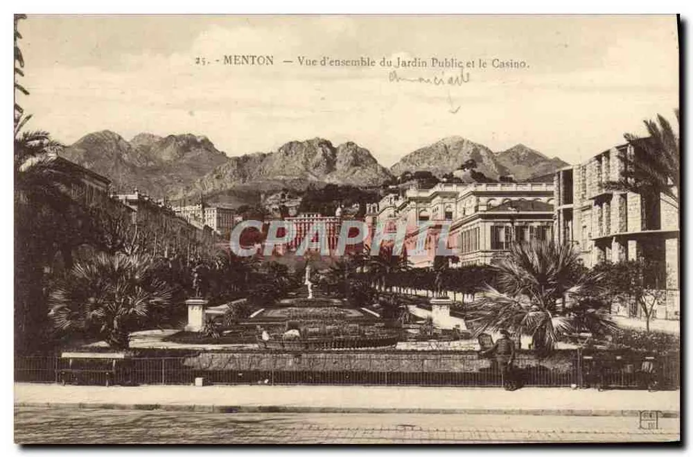 Menton — Panoramablick auf den öffentlichen Garten und das Casino. - Vorderseite