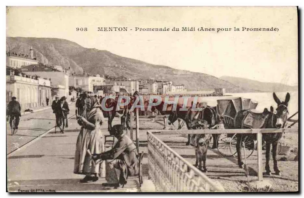 Menton - Promenade du Midi (Esel für die Promenade) — Verlag Gréta, Nr. 908 - Vorderseite