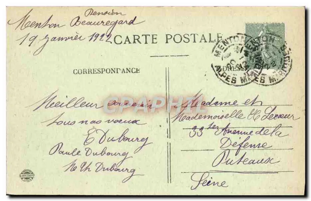 Menton — O Quai de Garavan — Coleção A. Bettini, n°21 - Verso