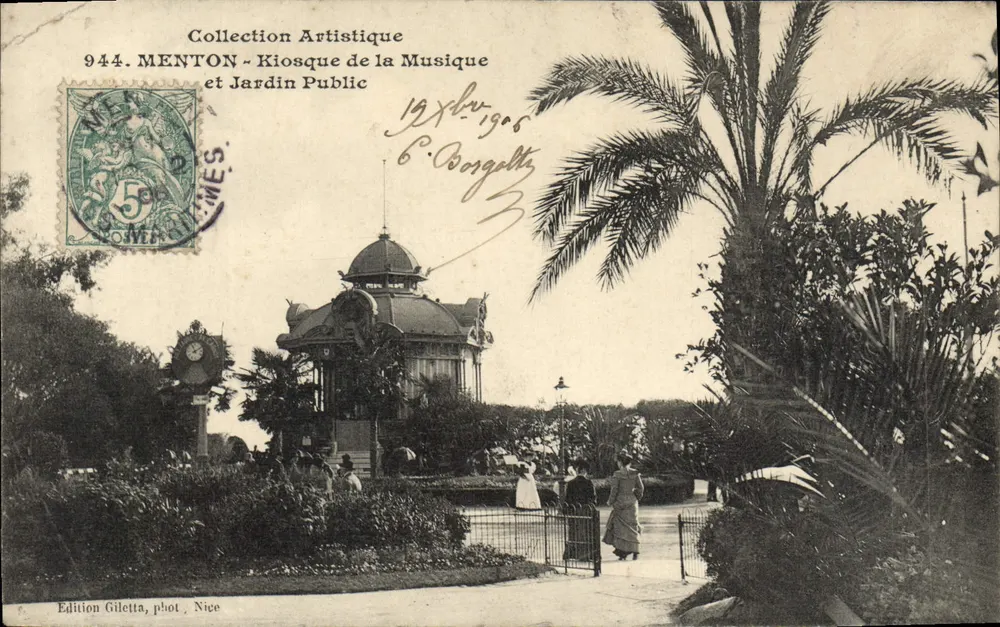 Menton - Musikkiosk und öffentlicher Garten — Künstlerische Sammlung, Nr. 944, Giletta-Ausgabe, Nice - Vorderseite