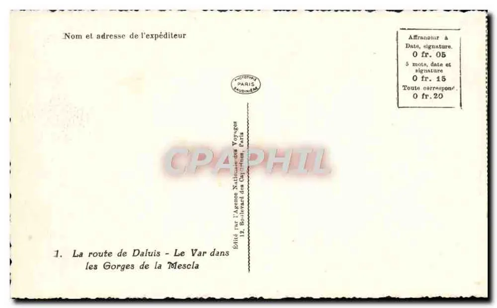 Die Schluchten der Mescla — Straße von Daluis — Verlag: Nationale Reiseagentur, Paris - Rückseite