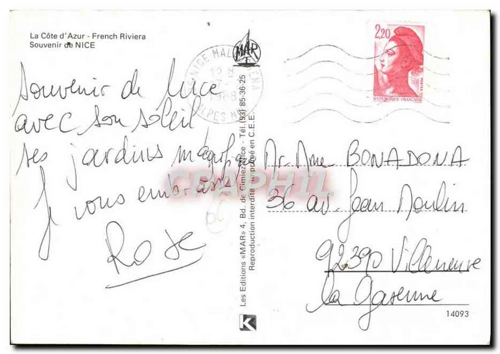 Nice — vista panorâmica e cenas da Côte d'Azur — editor MAR, n° 14093 - Verso