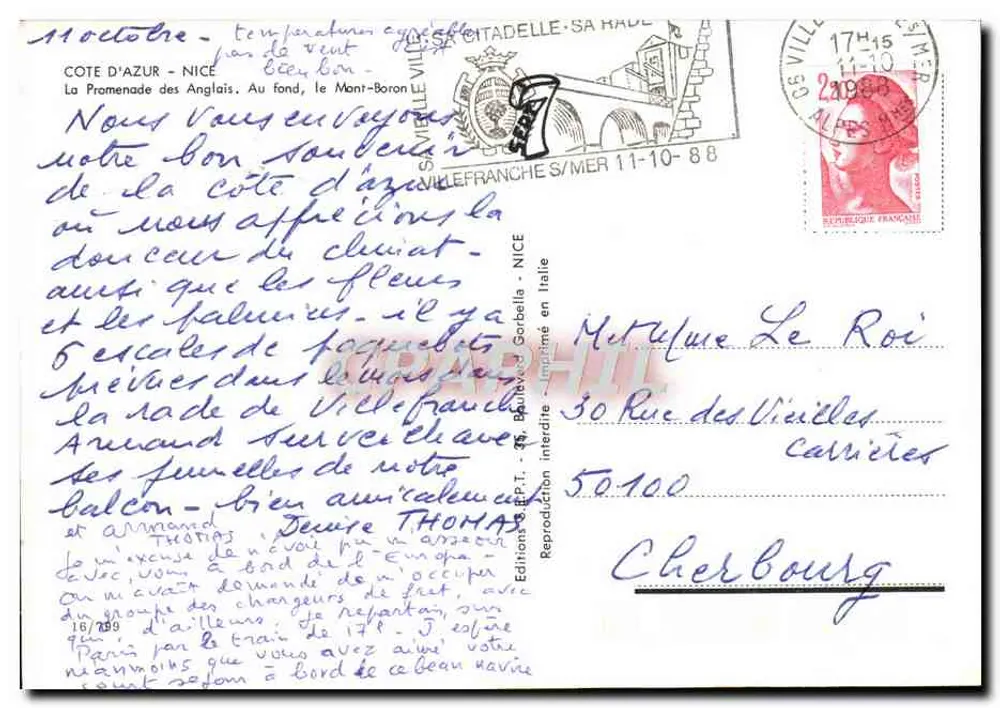Vista da Promenade des Anglais em Nice — Edições G. B. P. T. — N° 16/1999 - Verso