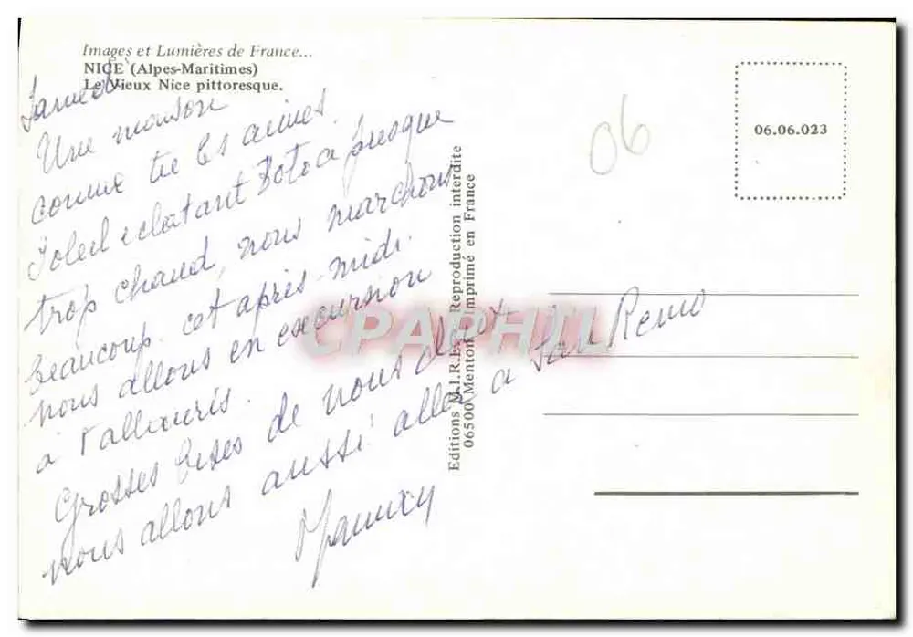 A Velha Nice pitoresca — Edições M. R. B. Menton — n° 06.06.023 - Verso