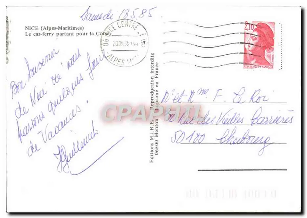Nice (Alpes-Maritimes) — Le car-ferry partant pour la Corse — Éditions M.L.R., Menton - Verso