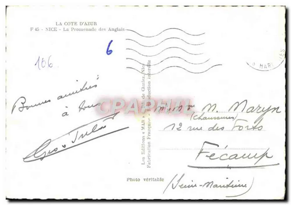Nice - A Promenade dos Ingleses — Edições de Giniez, n° F 45 - Verso